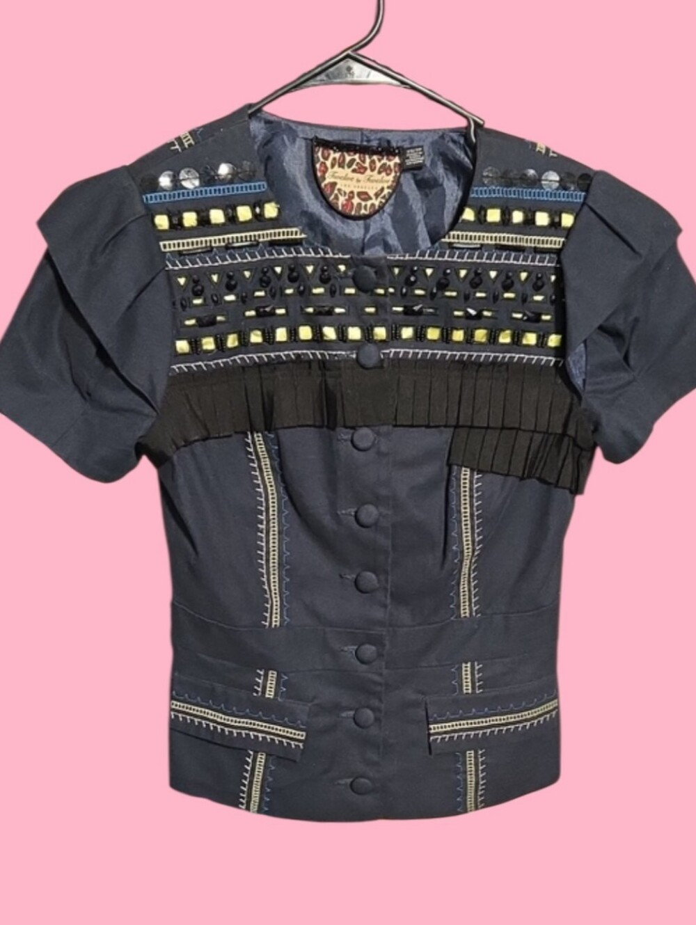 Twelve by Twelve Navy Blue Embellished Short Sleeve Jacket with Yellow Accents